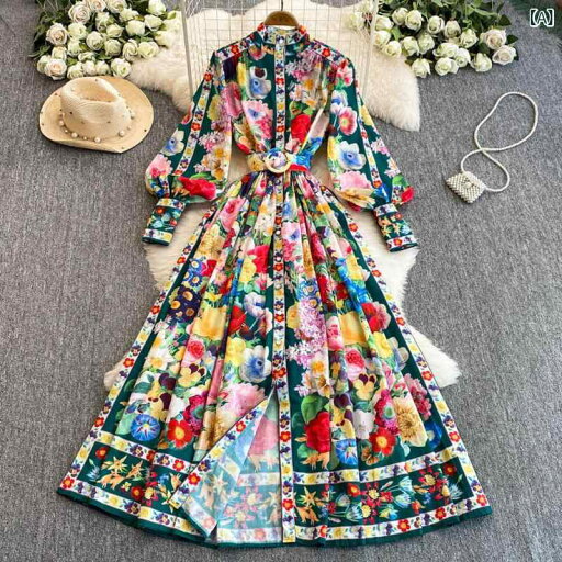 ワンピース レディース 着痩せ効果 体型カバー 秋 レトロ クラシック スタンドカラー ランタンスリーブ 花柄 マルチカラー ハイウエスト ウエストマーク フレア Aライン ロング丈 きれいめ 通勤 オフィス
