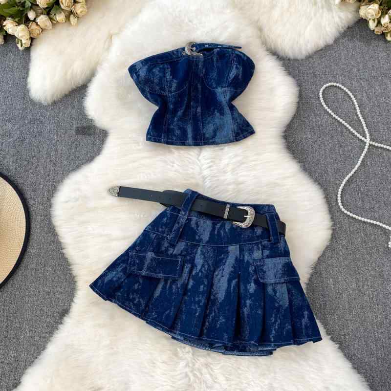 セットアップ レディース チューブトップ デニムベスト プリーツスカート ハイウエスト 細見え Aライン ショート丈 2点セット 大人カジュアル ブルー 春夏