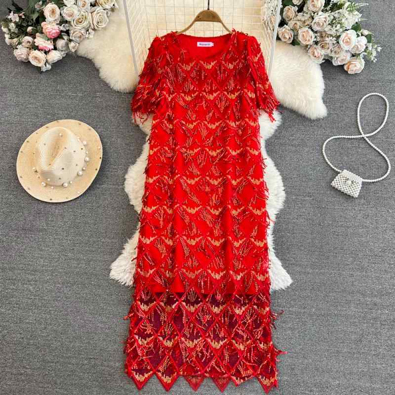 ワンピース レディース Aライン フリンジ スパンコール ゆったり 半袖 丸首 ミディ丈 きれいめカジュア..