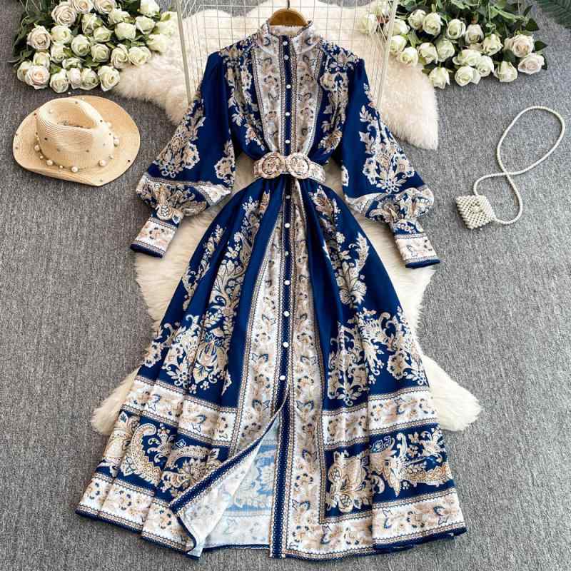 ワンピース レディース ウエストマーク 細見え ハイウエスト スタンドカラー 長袖 レトロ リゾート風 花柄 プリント ランタンスリーブ フレア Aライン ロング丈 通勤 オフィス 高級感 秋