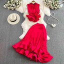 セットアップ レディース 通勤 エレガント 上品 スタンドカラー フリルヘム ノースリーブ トップス ウエストシェイプ ハイウエスト マーメイドスカート ツーピース シェニール素材