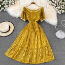 ワンピース レディース 春夏 パフスリーブ スクエアネック レース切り替え Aライン ミディ丈 フレンチスタイル エレガント スウィート 通勤(x2)