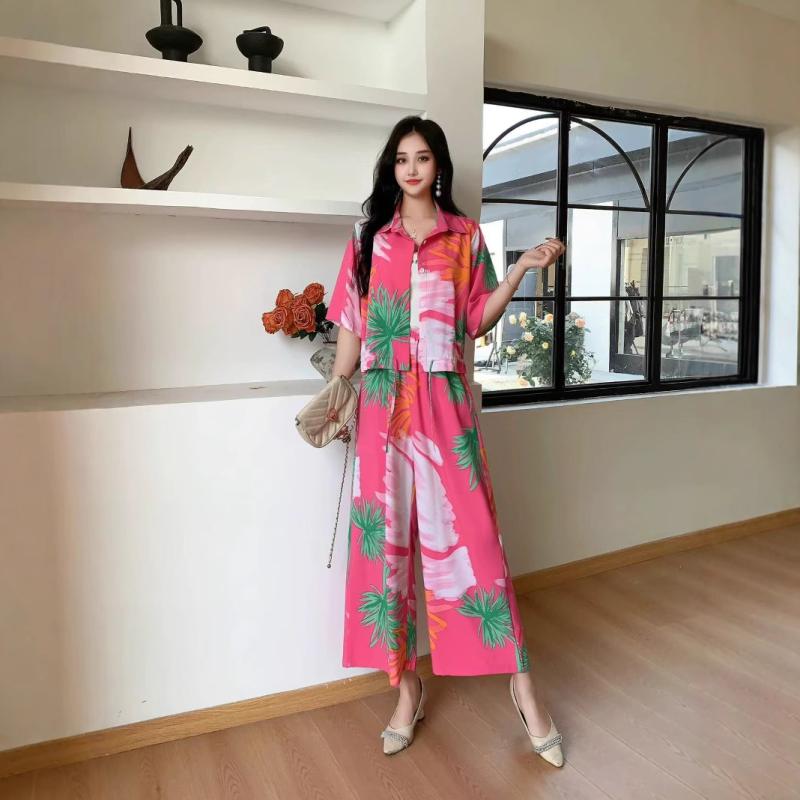 カジュアルセットアップ レディース ゆったり 体型カバー 通勤 オフィス シフォン フレンチレトロプリント パフスリーブ 半袖 ワイドパンツ 秋冬(x2)