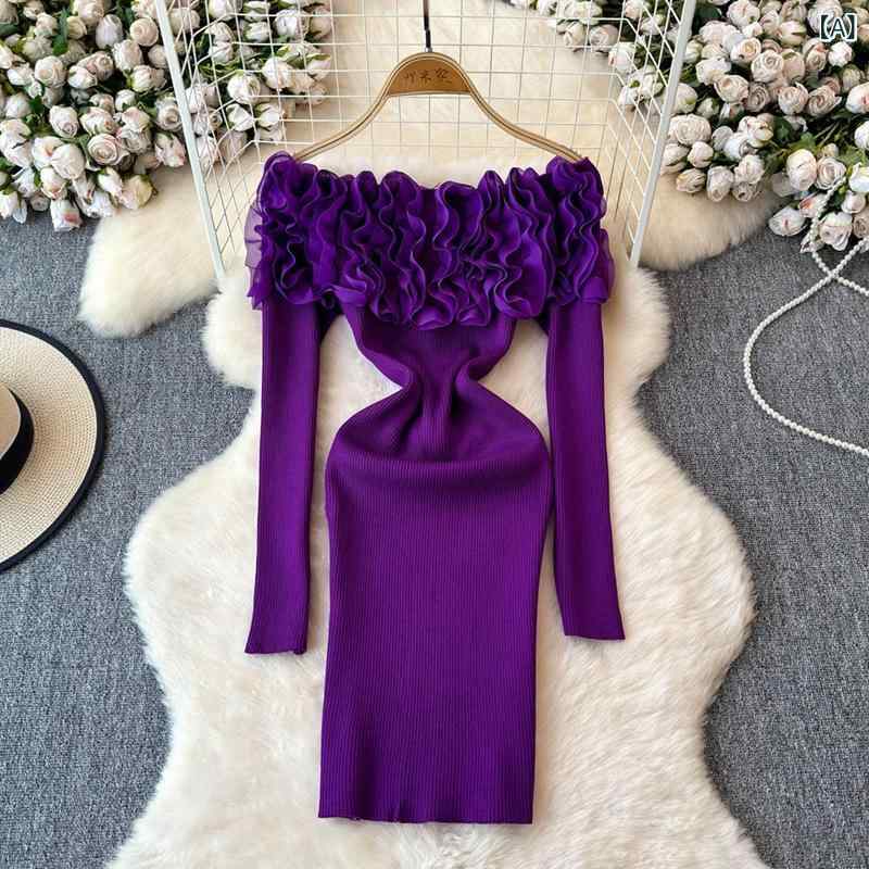 ワンピース レディース オフショル ニット 秋冬 高級感 エレガント 上品 細見え タイト ミニ丈 長袖 通勤 Iラインシルエット