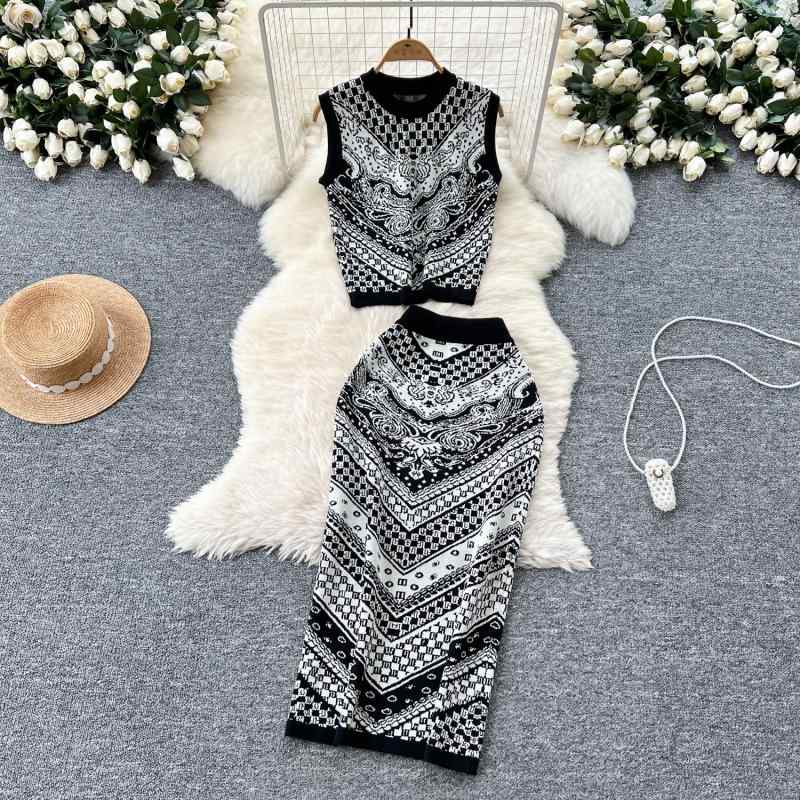 セットアップ レディース 春夏 接触冷感 雪ニール混 ニットトップス ハイウエスト タイトスカート 欧米風 きれいめ カジュアル 通勤 オフィス プリント柄 ラウンドネック ノースリーブ 黒 フリーサイズ