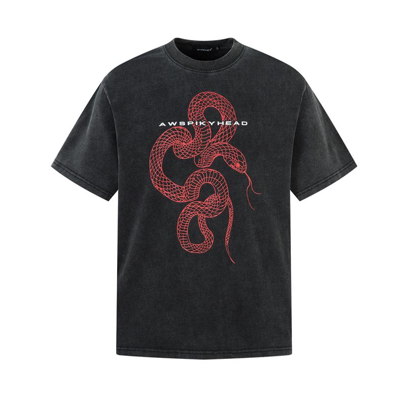 Tシャツ メンズ 吸湿速乾 防シワ アメリカンストリート ヒップホップ ウォッシュ加工 ダーク パイソン柄 プリント ゆったり ルーズフィット クルーネック 半袖 綿素材 ブラック 春夏 デイリーユース