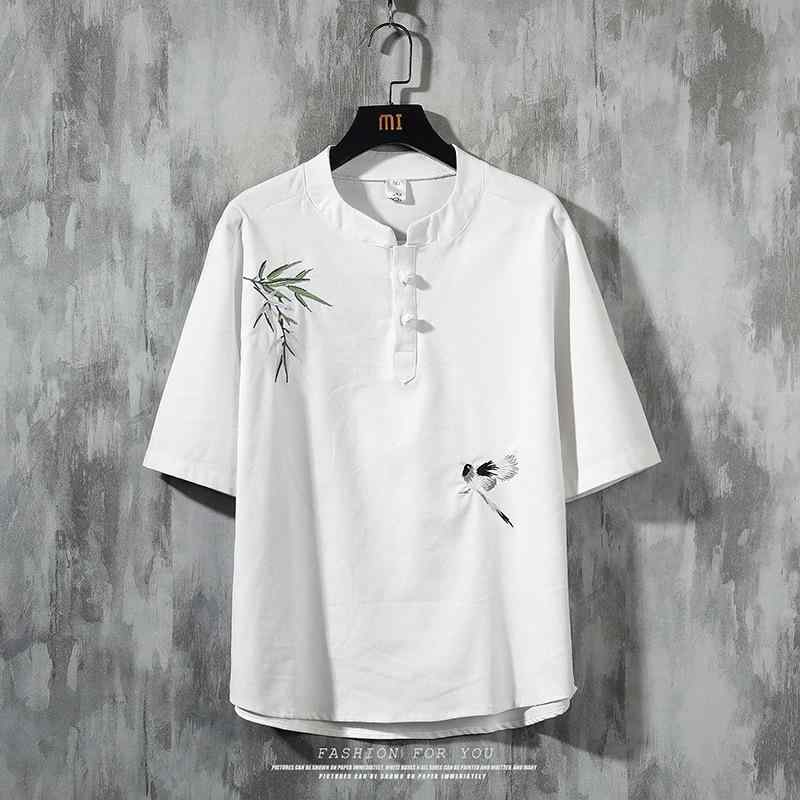 Tシャツ メンズ 中華風 チャイナ風 リネン 綿麻混 半袖 五分袖 Vネック 刺繍 薄手 ゆったり 春夏 普段着 カジュアル ルームウェア