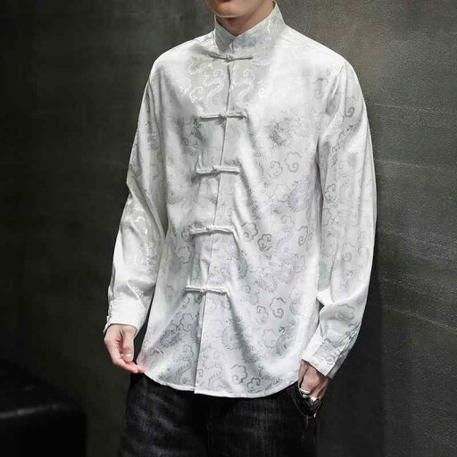 チャイナシャツ メンズ 薄手 龍柄 長袖 スタンドカラー チャイナボタン 中華レトロ ゆったり リラックスフィット 大きいサイズ ポリエステル 春秋 カジュアル 普段使い チャイナシャツ メンズ 薄手 龍柄 長袖 スタンドカラー チャイナボタン 中華レトロ ゆったり リラックスフィット 大きいサイズ ポリエステル 春秋 カジュアル 普段使い