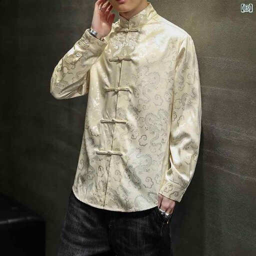 チャイナシャツ メンズ 薄手 龍柄 長袖 スタンドカラー チャイナボタン 中華レトロ ゆったり リラックスフィット 大きいサイズ ポリエステル 春秋 カジュアル 普段使い