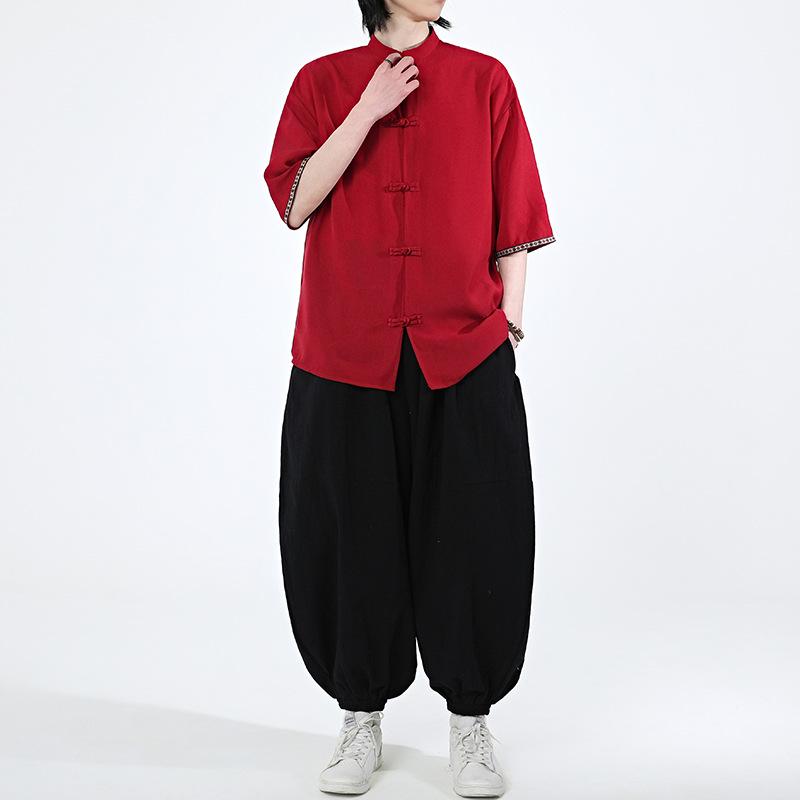 シャツ メンズ 半袖 接触冷感 薄手 軽量 新中式 チャイナ風 唐装風 ゆったりサイズ 体型カバー チャイナボタン