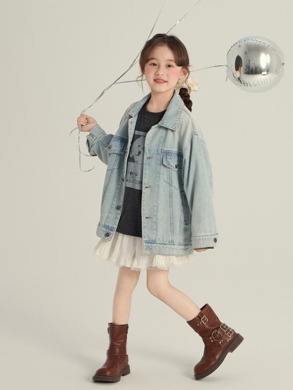 アウター キッズ 男の子 女の子 韓国風 おしゃれ デニムジャケット ゆったり ルーズフィット 春秋 長袖 コットンブレンド ショート丈 甘辛MIX 着回し自在 カジュアル
