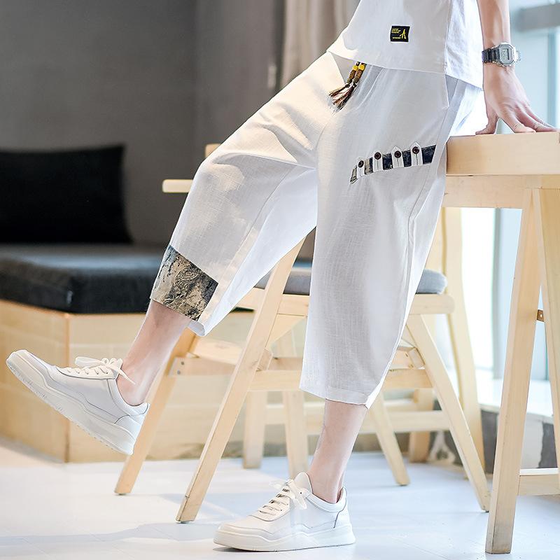 Bottoms - パンツ メンズ 接触冷感 薄手 通気性 イージーケア ノンストレッチ 七分丈 リネン コットンリネン 中華風 カジュアル スポーツ テーパード ドローストリング ポケット付き 春夏