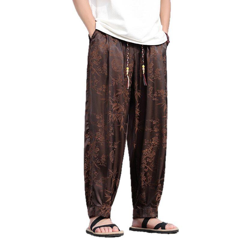 パンツ メンズ 春夏 薄手 接触冷感 レトロ プリント ドローストリング ウエストゴム ルーズフィット 大きいサイズ ストレッチ カジュアル ジョガーパンツ