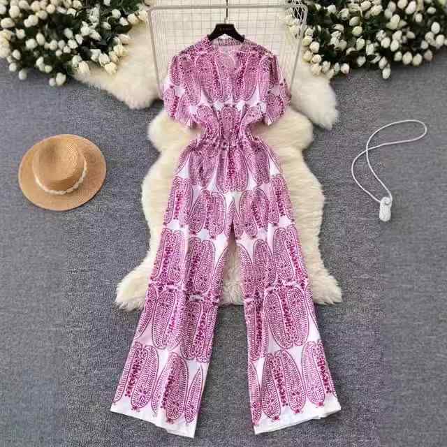 オールインワン レディース 大人カジュアル 細見え Vネック ハイウエスト ゆったり 花柄 シフォン ワイドパンツ ロング丈 春夏(x2)