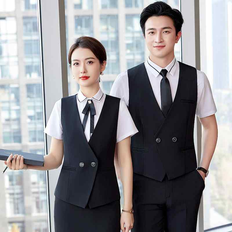 ベスト 男女兼用 メンズ レディース ホテル 受付 サービス業 制服 ユニフォーム バー 通勤 オフィス フォーマル ダブルボタン 無地 ポリエステル素材 スリ...