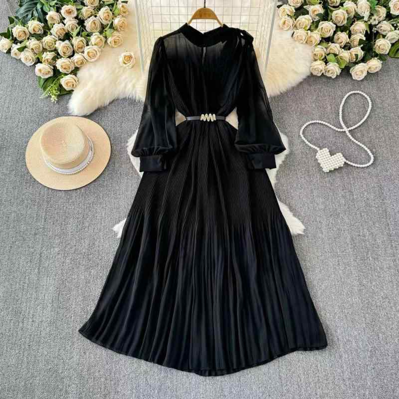 ワンピース レディース ランタンスリーブ 長袖 Vネック ウエストマーク 着痩せ Aライン シフォン プリーツ エレガント フレア ロング丈 春夏 リゾート 旅行 ビーチスタイル(x2)