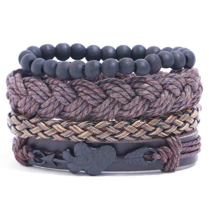 ブレスレット メンズ 合金 ハートアロー レトロ フェイクレザー 編み込み パンク 幾何学模様 重ね付け ..