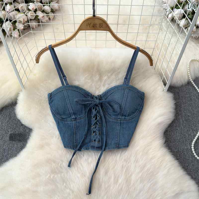 キャミソール レディース デニム バックオープン ウエスト見せ ショート丈 ドローストリングストラップ スリムフィット 着痩せ効果 韓国風 着回し 万能 春夏 通勤 きれいめ