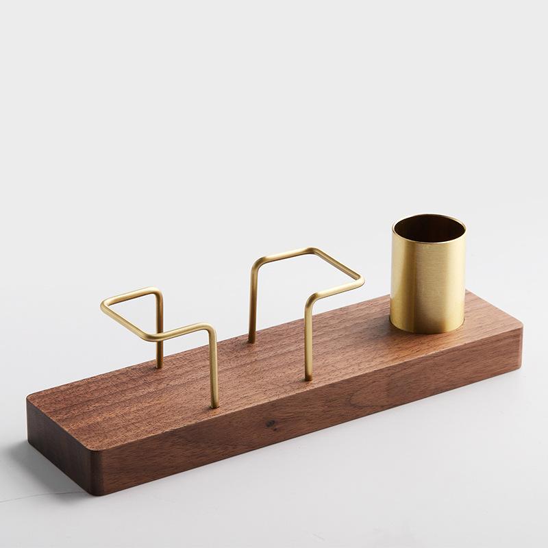 名刺立て 卓上収納 無垢材 ビーチウッド 黒胡桃木 木製 真鍮製 シングルタイプ 幾何学デザイン ビジネス 名刺ホルダー カードケース オフィス 贈答品 贈り物(x200)