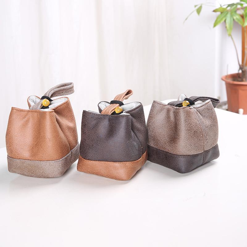 携帯ポーチ 落下防止 厚手 衝撃吸収 レザー調 巾着式 手提げハンドル付き 茶器 湯呑み マグカップ タンブラー用 単品収納 旅行 多機能 高級感