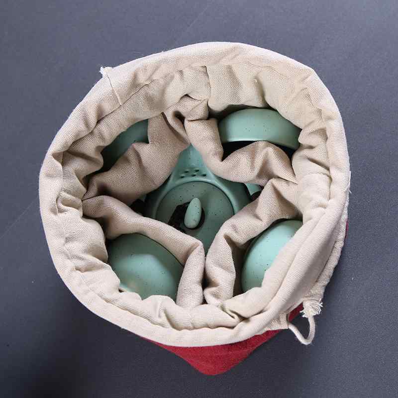 便利な旅行収納袋 携帯用 持ち運び 手提げ 綿麻 厚手 茶器 茶道具 ティーポット4杯用 巾着ポーチ 円筒..