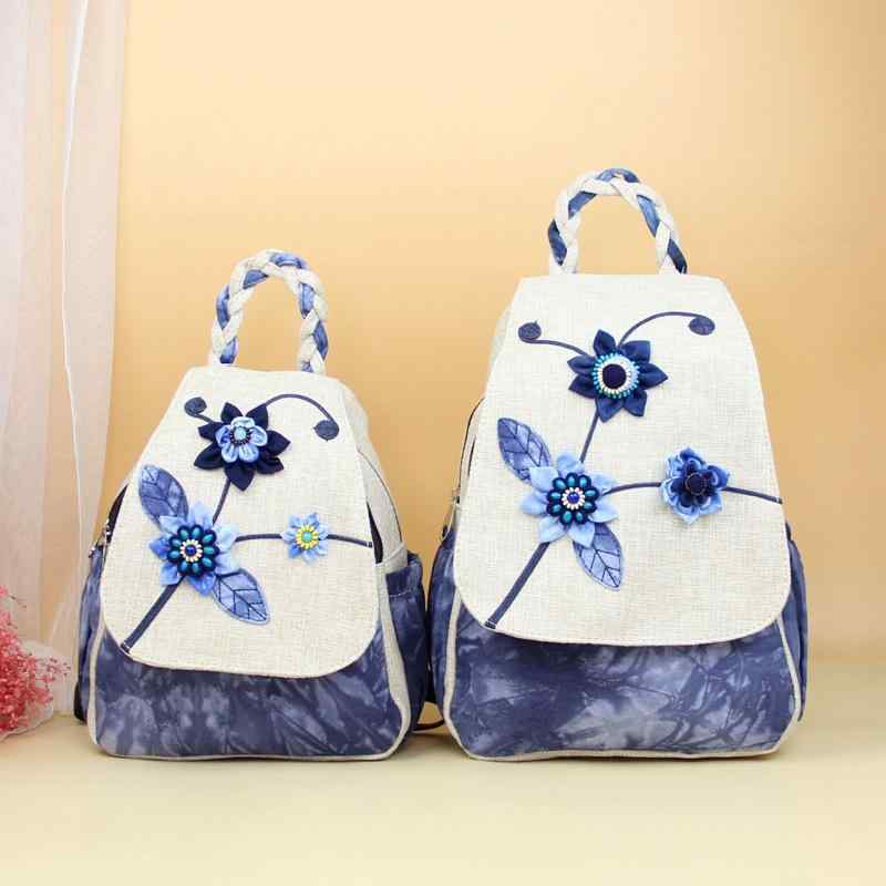 リュックサック レディース 民族風 絞り染め 花柄 レトロモダン 布製 編み込み ダブルファスナー 大容..