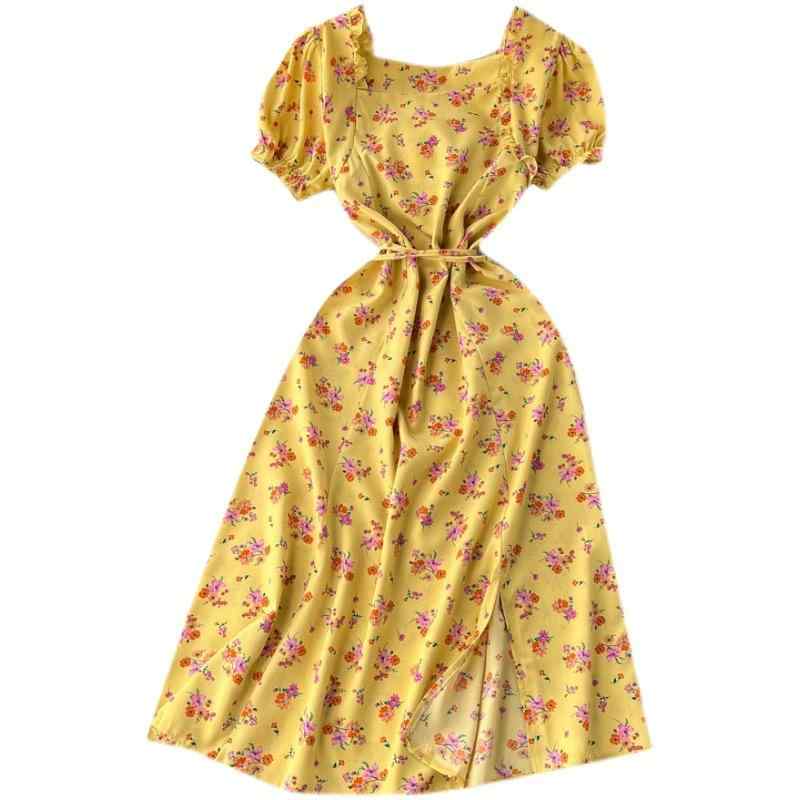 ワンピース レディース レトロ スクエアネック 小花柄 細見え ウエストマーク パフスリーブ Aライン ロング丈 春夏 フェミニン エレガ..