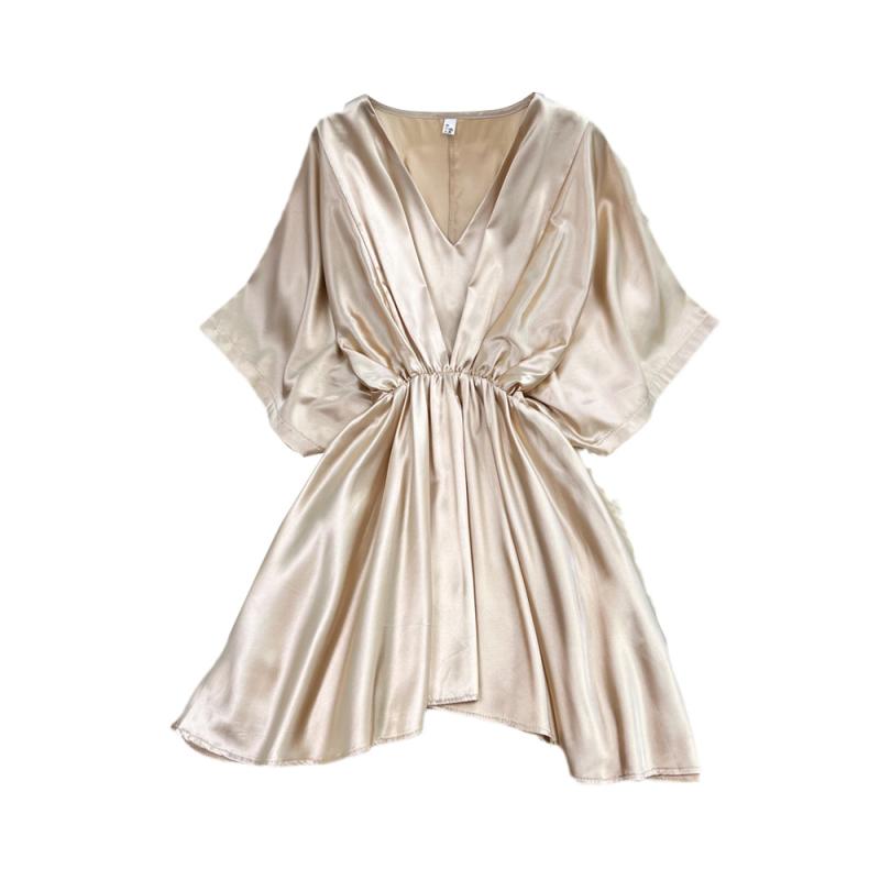 ワンピース レディース 春夏 通勤 体型カバー アセテートサテン Vネック ウエストマーク 半袖 ミディ丈 Aライン 韓国風 ゆったり きれいめ(x2)