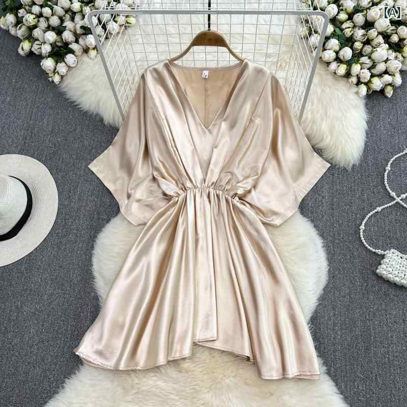 ワンピース レディース 春夏 通勤 体型カバー アセテートサテン Vネック ウエストマーク 半袖 ミディ丈 Aライン 韓国風 ゆったり きれいめ(x2)