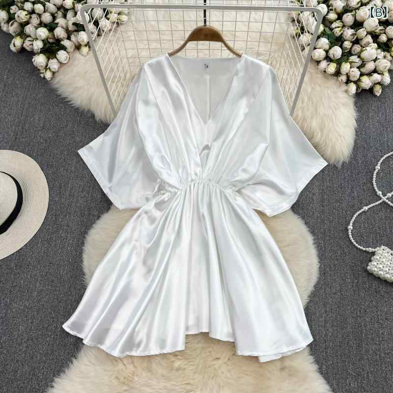 ワンピース レディース 春夏 通勤 体型カバー アセテートサテン Vネック ウエストマーク 半袖 ミディ丈 Aライン 韓国風 ゆったり きれいめ(x2)