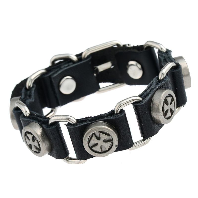ブレスレット メンズ 欧米風 パンクスタイル 十字架 連結 本革 レザー 牛革 ブラック ブラウン アクセ..