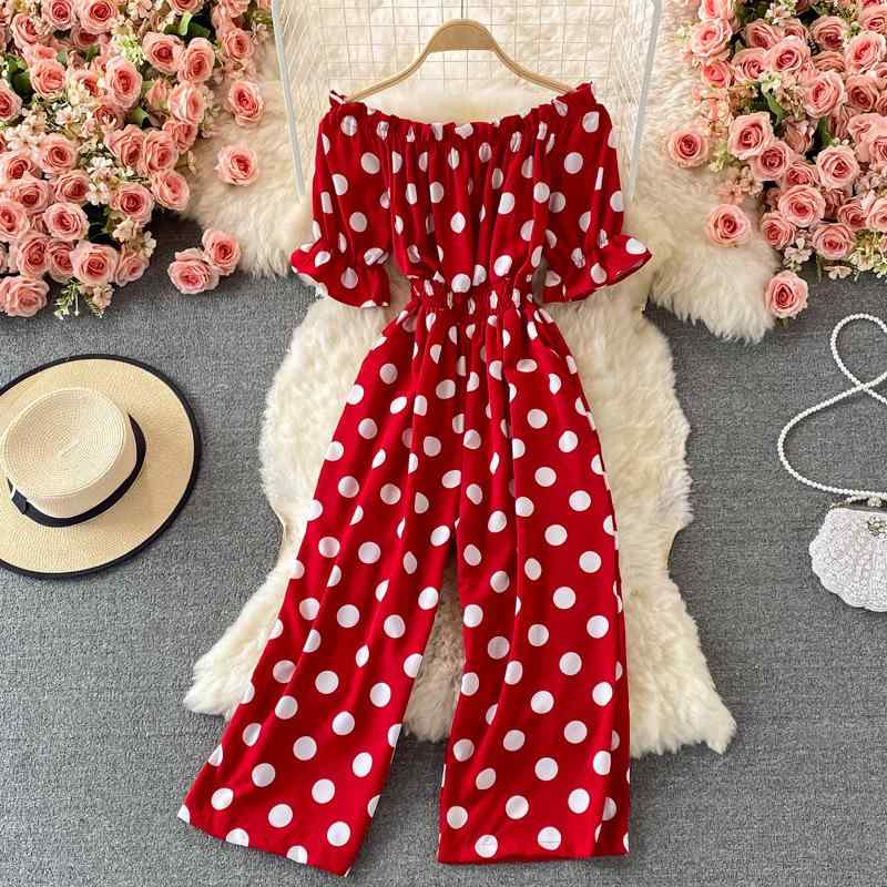 連体パンツ レディース オフショルダー 肩出し ドット柄 水玉 半袖 ウエストマーク 細見え効果 着痩せ カジュアル ゆったり ワイドレッグ オールインワン サロペット コンビネゾン 春夏(x2)