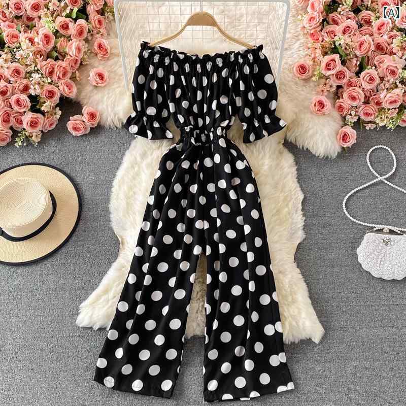 連体パンツ レディース オフショルダー 肩出し ドット柄 水玉 半袖 ウエストマーク 細見え効果 着痩せ カジュアル ゆったり ワイドレッグ オールインワン サロペット コンビネゾン 春夏(x2)