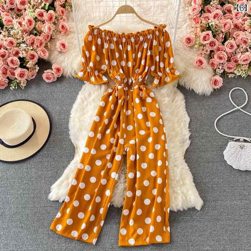 連体パンツ レディース オフショルダー 肩出し ドット柄 水玉 半袖 ウエストマーク 細見え効果 着痩せ カジュアル ゆったり ワイドレッグ オールインワン サロペット コンビネゾン 春夏(x2)