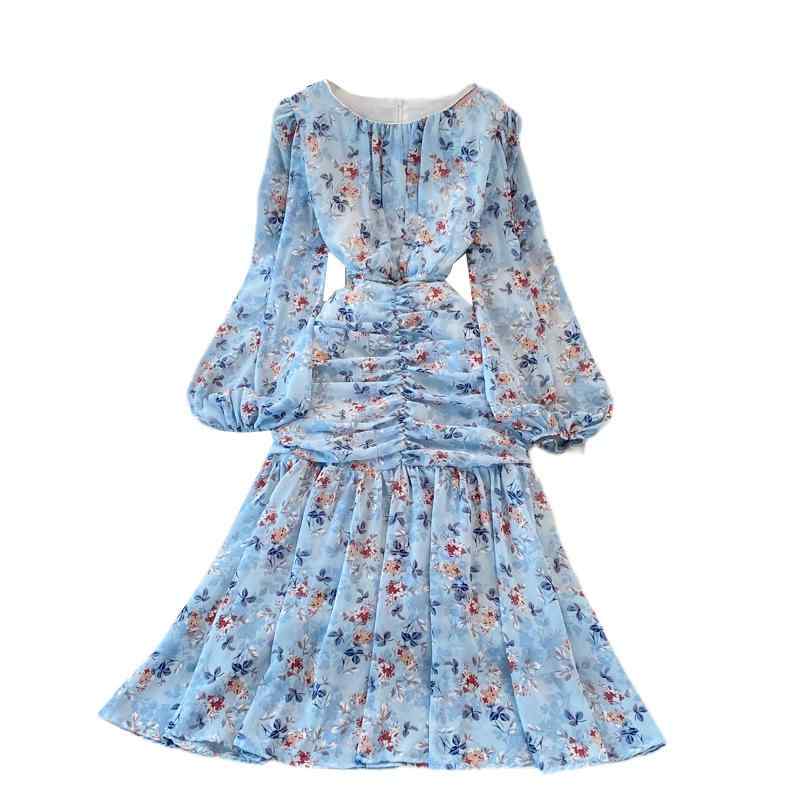 ワンピース レディース 春夏 ラウンドネック パフスリーブ シフォン 花柄 マーメイド Aライン ロング丈 きれいめ 大人上品 ハイウエスト フレンチエレガント(x2)