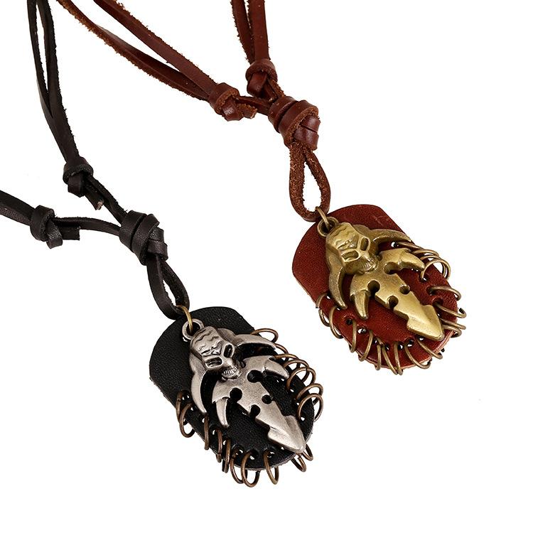 ネックレス メンズ 電気メッキ加工 牛革 スカルヘッド 骸骨モチーフ レザーロープ 欧米風 パンク レトロ ヴィンテージ トレンド 51cm-80cm対応 ブラック ブラウン(x2)