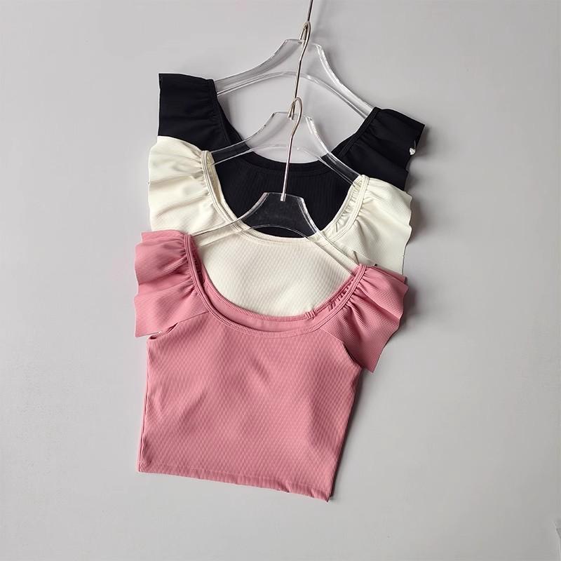 ヨガウェア レディース 速乾 通気性 体型カバー カップ付き ショート丈 フリル袖Tシャツ ピラティス フ..