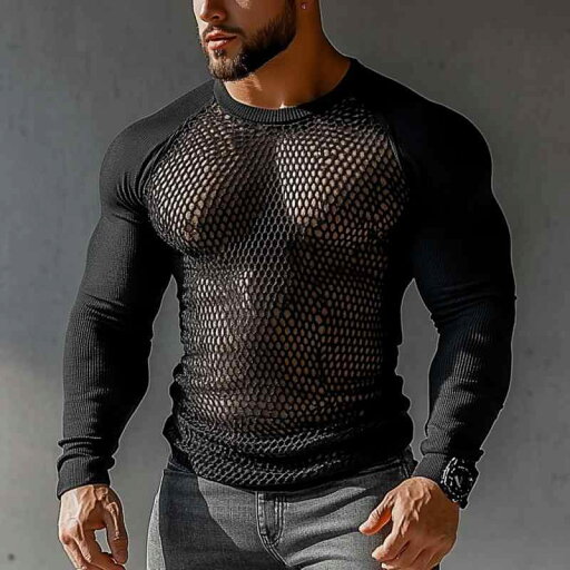 Tシャツ メンズ シアー メッシュ 長袖 スリムフィット インナー クルーネック ラグランスリーブ 薄手 切り替え セクシー レトロ 春夏 ポリエステル ブラック Tシャツ メンズ シアー メッシュ 長袖 スリムフィット インナー クルーネック ラグランスリーブ 薄手 切り替え セクシー レトロ 春夏 ポリエステル ブラック