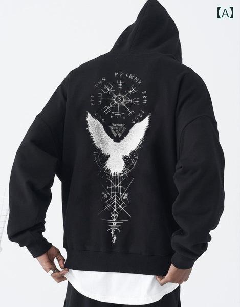 パーカー メンズ ストリート ヒップホップ レトロ 魔法 カラスのトーテム柄プリント カジュアル ルーズフィット プルオーバー 長袖 ポリエステル 秋
