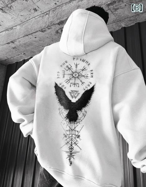 パーカー メンズ ストリート ヒップホップ レトロ 魔法 カラスのトーテム柄プリント カジュアル ルーズフィット プルオーバー 長袖 ポリエステル 秋