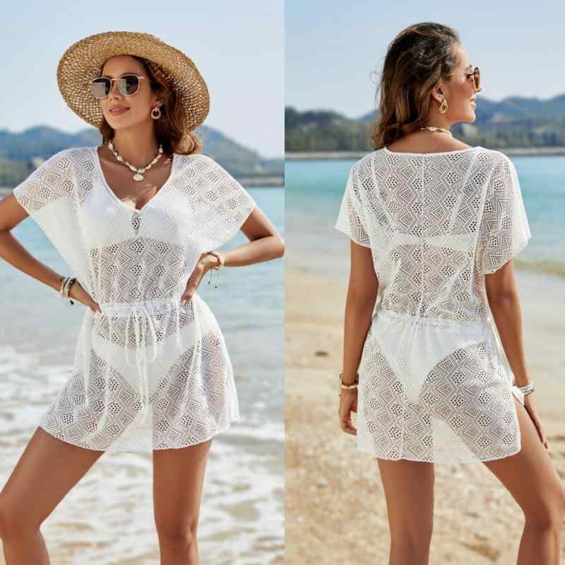 ビーチカバーアップ レディース UPF50+ UVカット 日焼け防止 ニット Vネック 透かし編み 無地 ビキニ水着の上 ビーチワンピース 体型カバー アクリル素材 ホワイト フリーサイズ