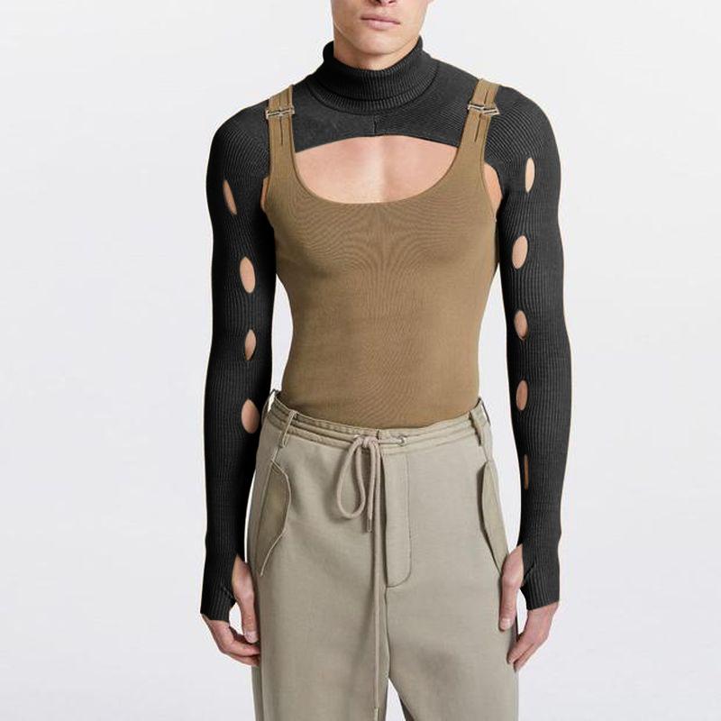 タンクトップ メンズ 欧米風 セクシー メッシュ 透かし編み かぎ針編み スリムフィット ホルターネック ストレッチ ニット ポリエステル 薄手 カジュアル レトロ ワークテイスト