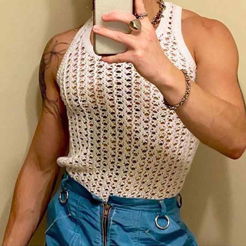 タンクトップ メンズ 春夏 カジュアル セクシー リラックスフィット かぎ編み サマーニット 通気性 ポリエステル ホワイト オフホワイト トップス