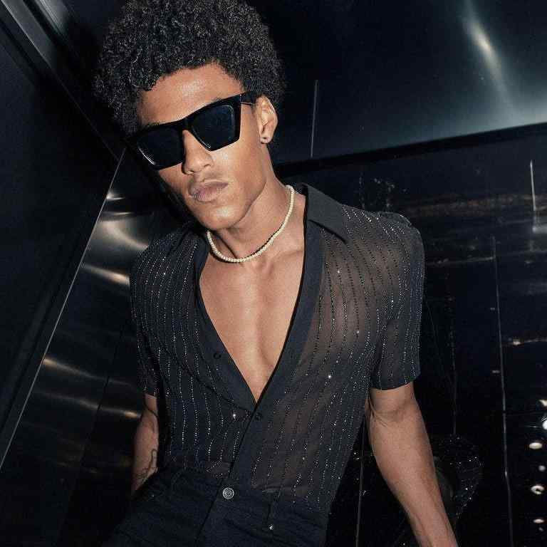 Tシャツ メンズ 黒色 スリムフィット 高級感 ストレッチ ラインストーン装飾 幾何学模様 ハイネック 長..