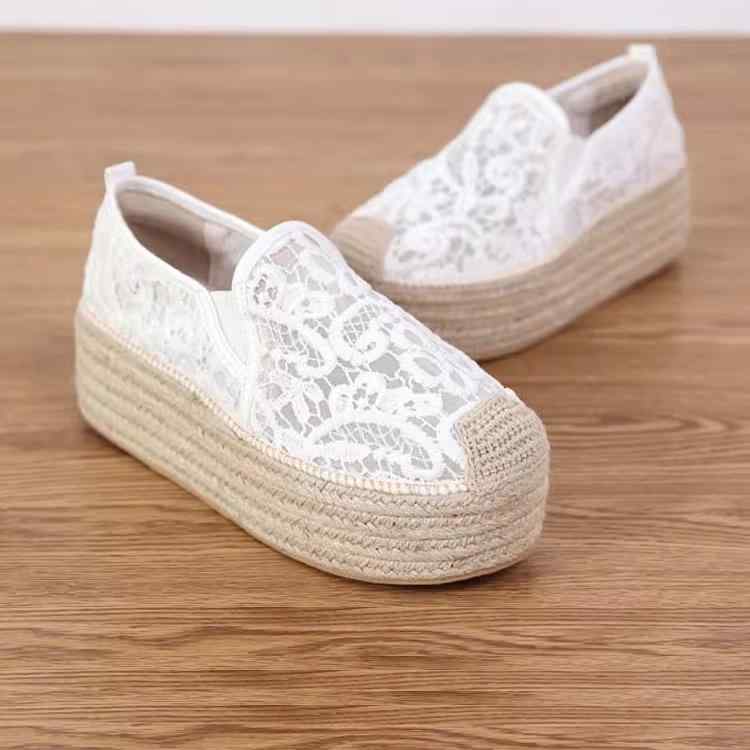 エスパドリーユ レディース 厚底 草編み スリッポン ミドルヒール レース メッシュ素材 春夏 快適 ラウ..