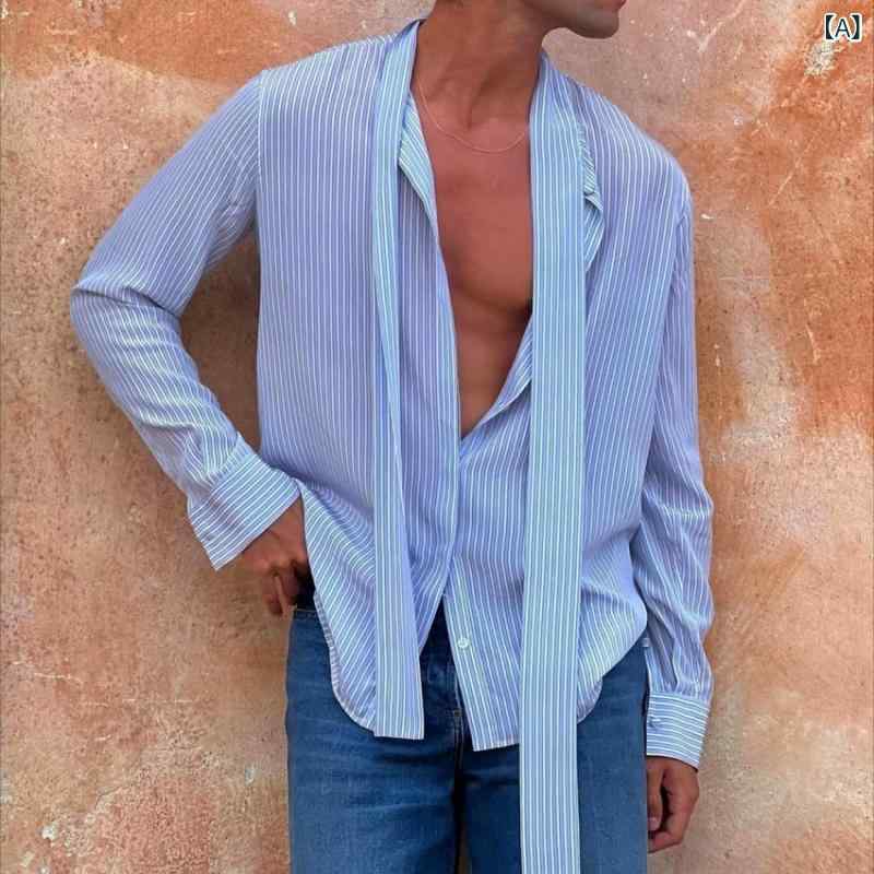シャツ メンズ ウォッシャブル ストライプ 長袖 薄手 ゆったり オーバーサイズ 欧米スタイル 再生繊維混 大人カジュアル きれいめ ビジネス オフィス 春秋冬 ライトブルー トップス