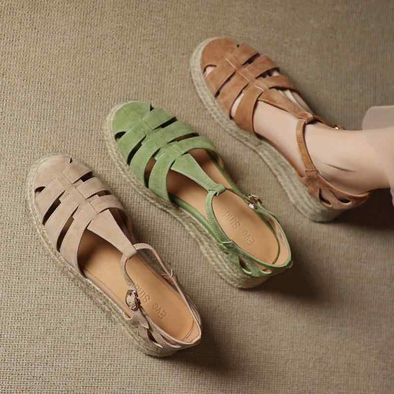 サンダル レディース 厚底 ウェッジソール ラウンドトゥ グラディエーター スエード 草編み カットアウ..