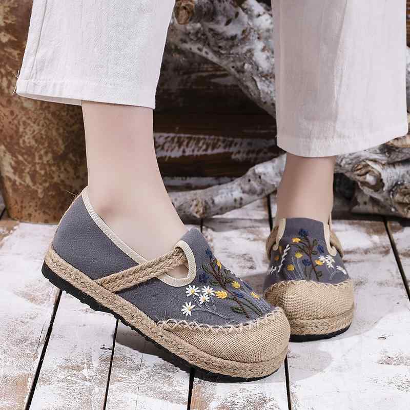通気性 軽量 快適 レディース シューズ 春夏 麻 リネン キャンバス 刺繍 花柄 民族風 フラット 草編み ..