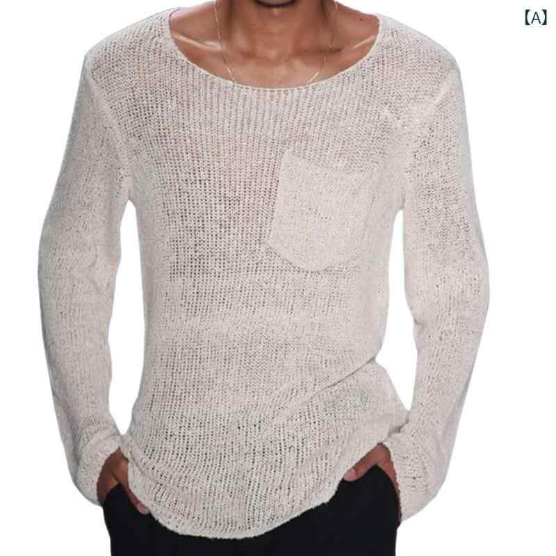 ニット メンズ 長袖 ポケット付き プルオーバー クルーネック スリムフィット 無地 アクリル 春 カジュアル ホワイト グレー カーキ グリーン ブルー
