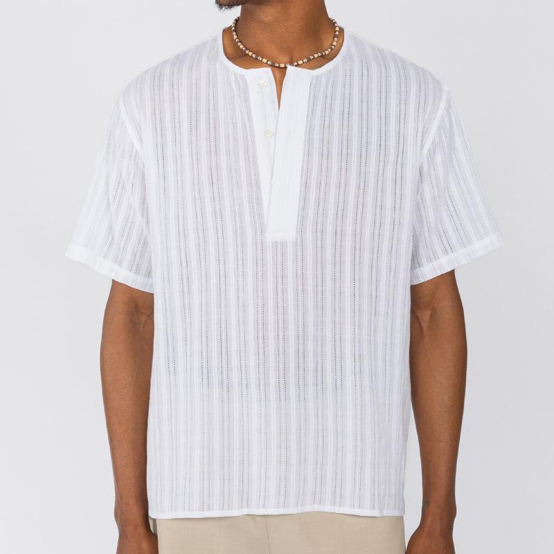 シャツ メンズ 洗濯機洗い可能 Vネック 半袖 スリムフィット カジュアル 海辺 ビーチ チェック柄 プリント 白 ポリエステル 夏物